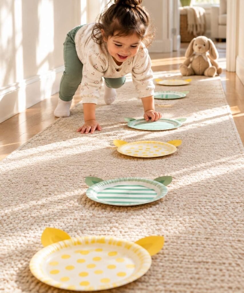 Young child crawling on hands and knees along an indoor paper plate obstacle trail on the floor