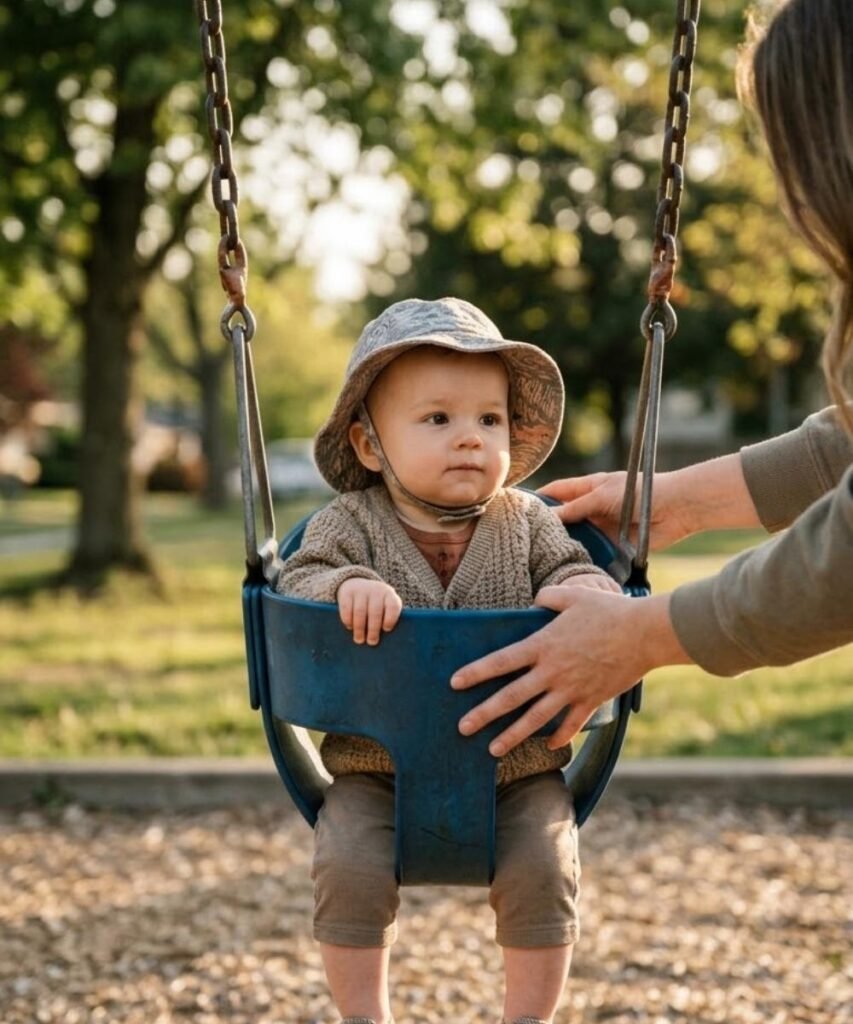 A baby sitting securely in an outdoor bucket swing with a parent holding the sides gently in a park.