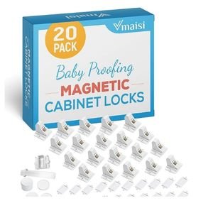 Pack of magnetic baby proofing cabinet locks for childproofing cabinets and drawers.