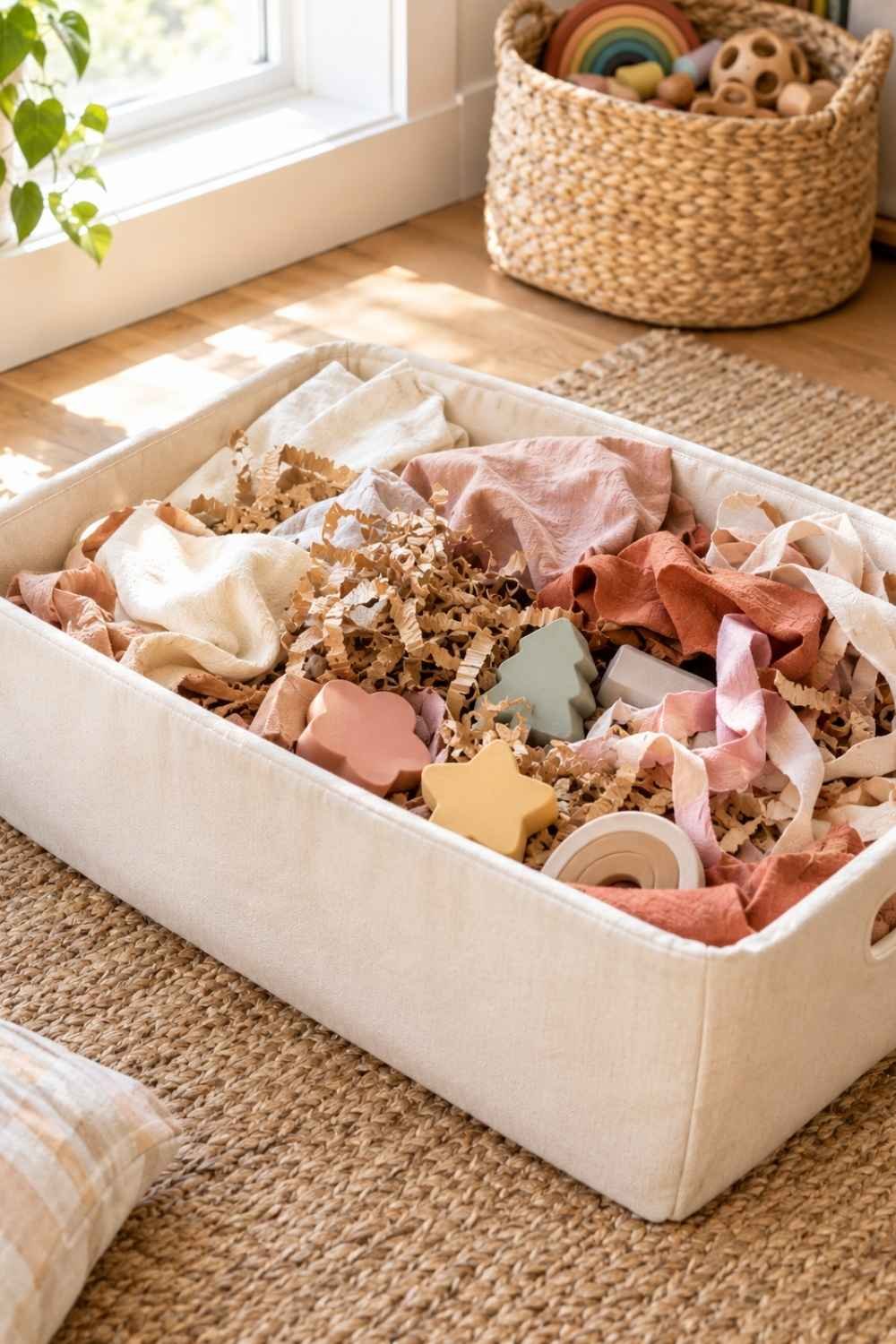 Shallow tray setup with dyed pasta, dry cereal, and wooden scoops for toddler sensory play.