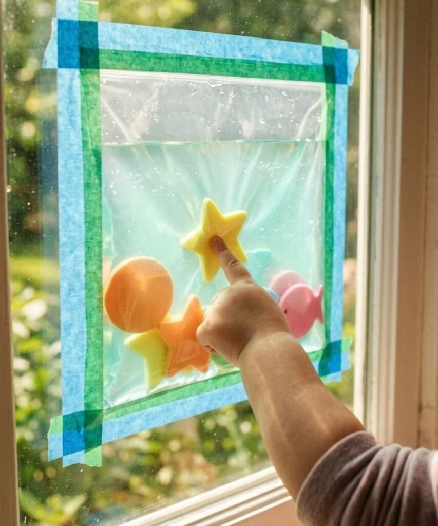 Toddler pressing a sensory squish bag filled with water and floating shapes taped to a window