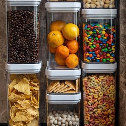 Clear plastic airtight containers filled with colorful sensory bin fillers on a wooden table