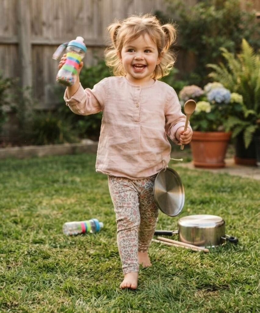 A happy toddler wearing a pink sweater playing with a DIY plastic bottle shaker in a backyard parade activity.