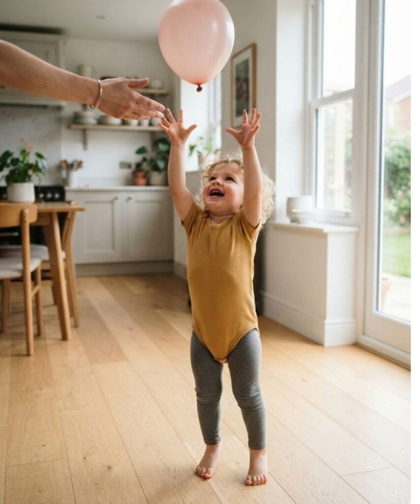 Toddler reaching up with arms raised to keep a pink balloon floating in the living room
