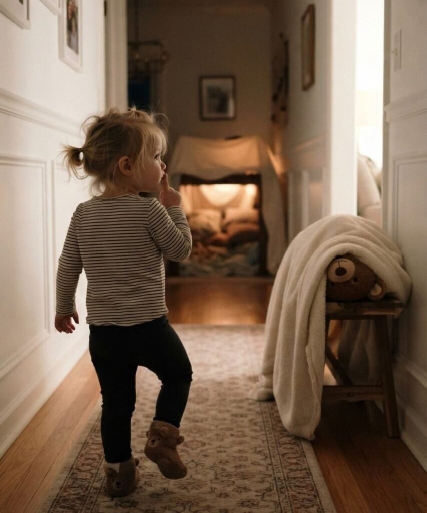 Young toddler tiptoeing down a hallway indoors while going on a pretend bear hunt activity at home.