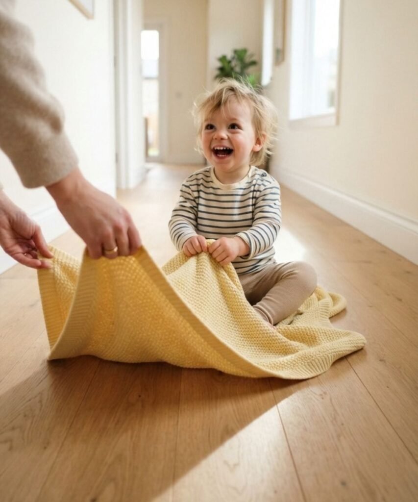 Toddler sitting happily on a yellow blanket being pulled across a wooden floor by an adult