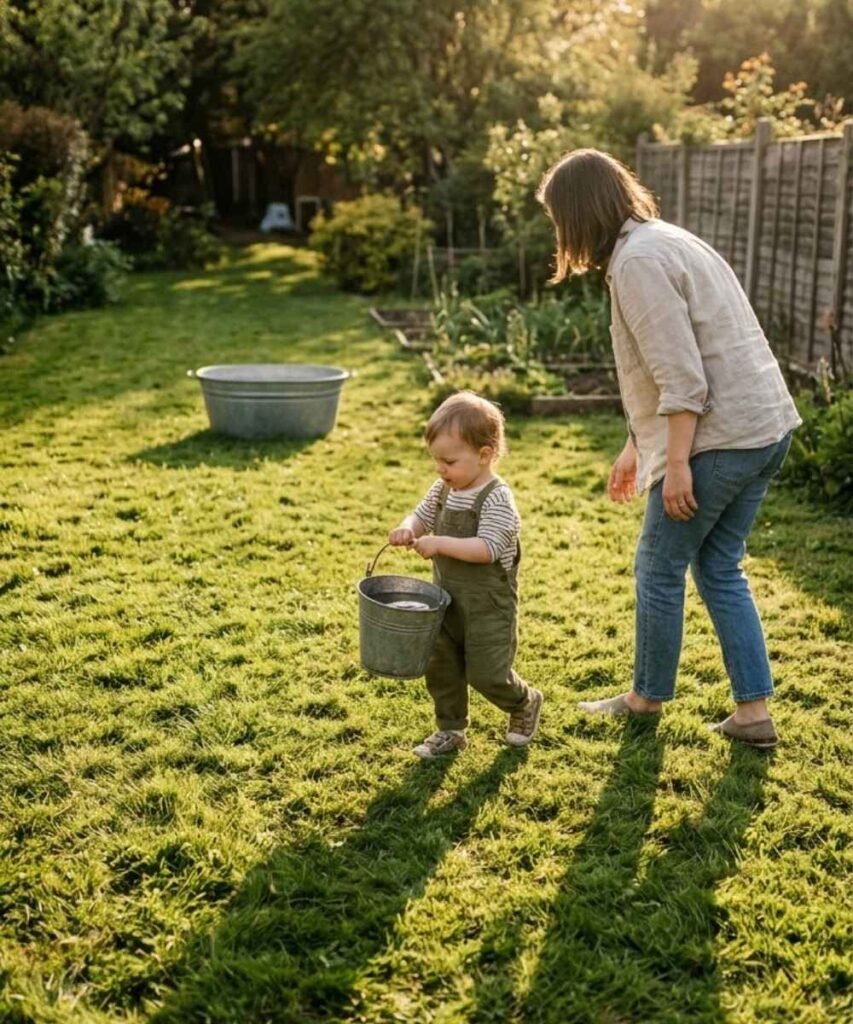 A toddler carrying a small bucket of water across the lawn in a sunny backyard.