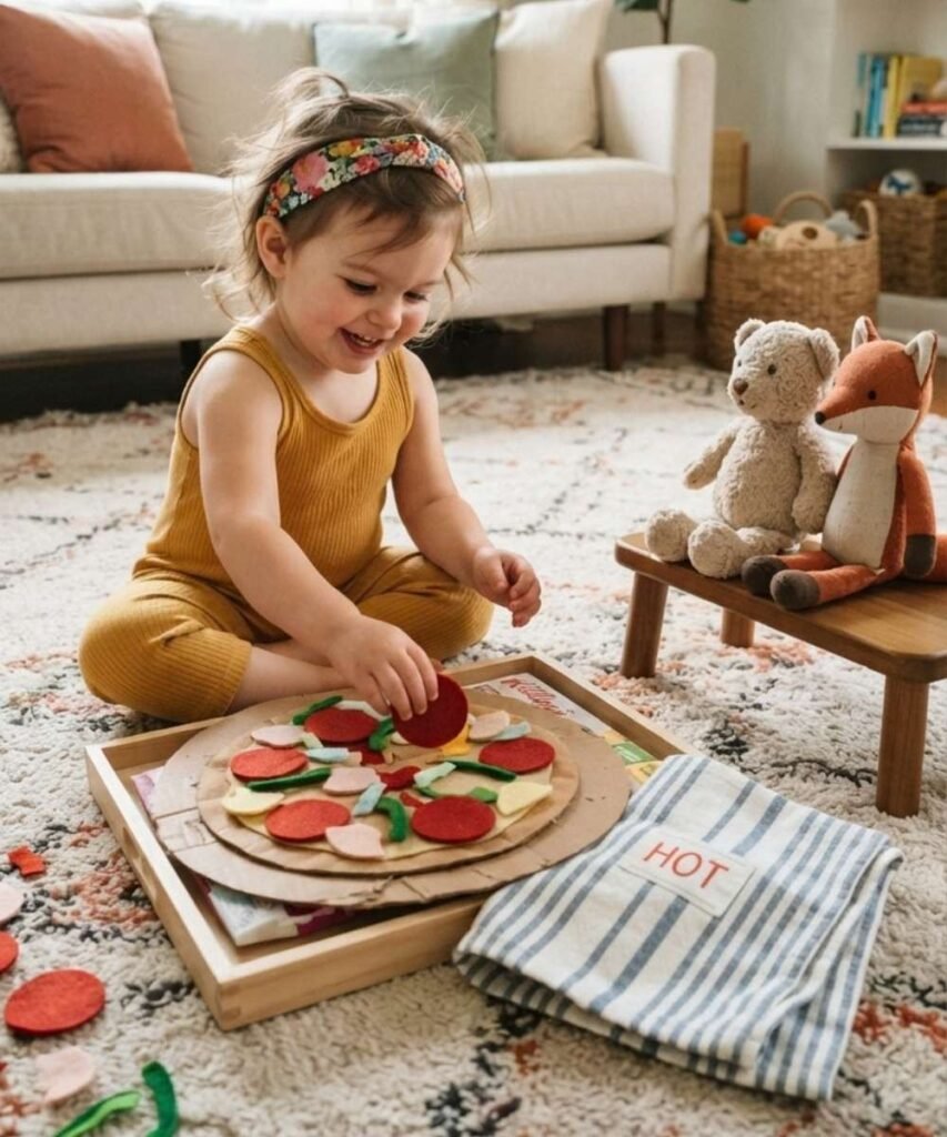 Toddler placing felt pepperoni and pepper toppings onto a round cardboard pizza during pretend play on a rug