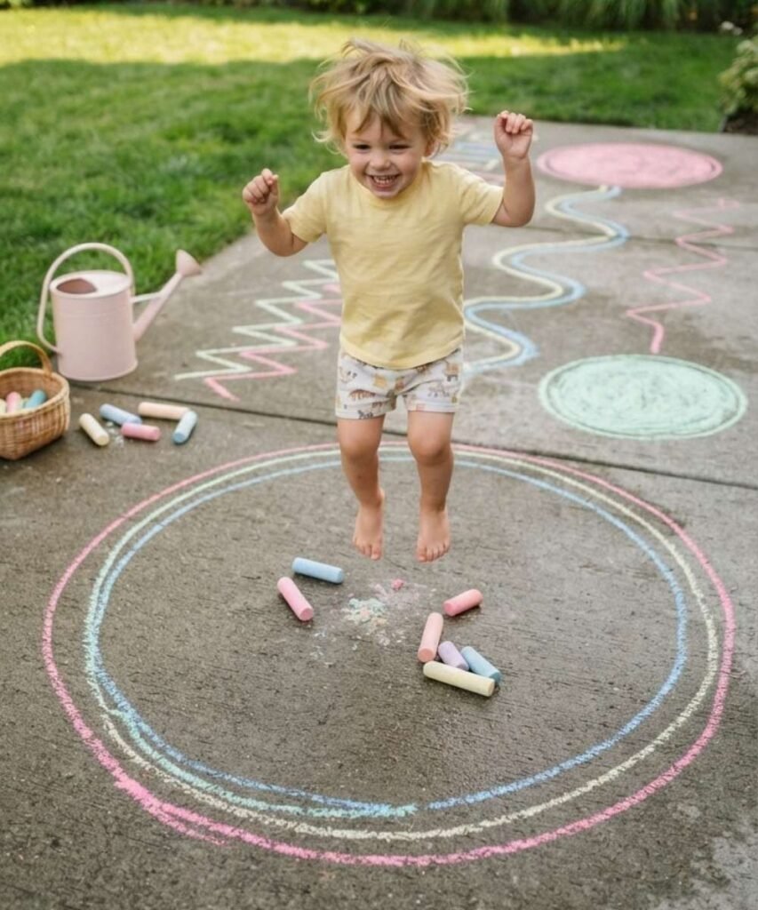 A young toddler wearing a yellow shirt walking along a drawn sidewalk chalk path outdoors.