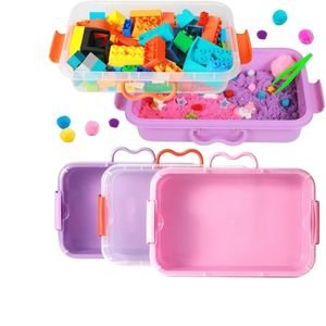 Plastic organizers and sorting containers filled with colorful small sensory play toys and craft items.
