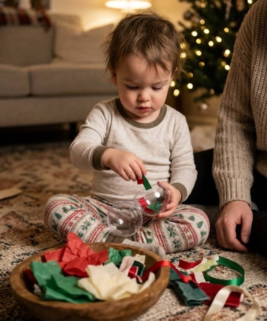 A toddler carefully placing colorful paper scraps inside an open clear plastic bauble during a Christmas craft activity