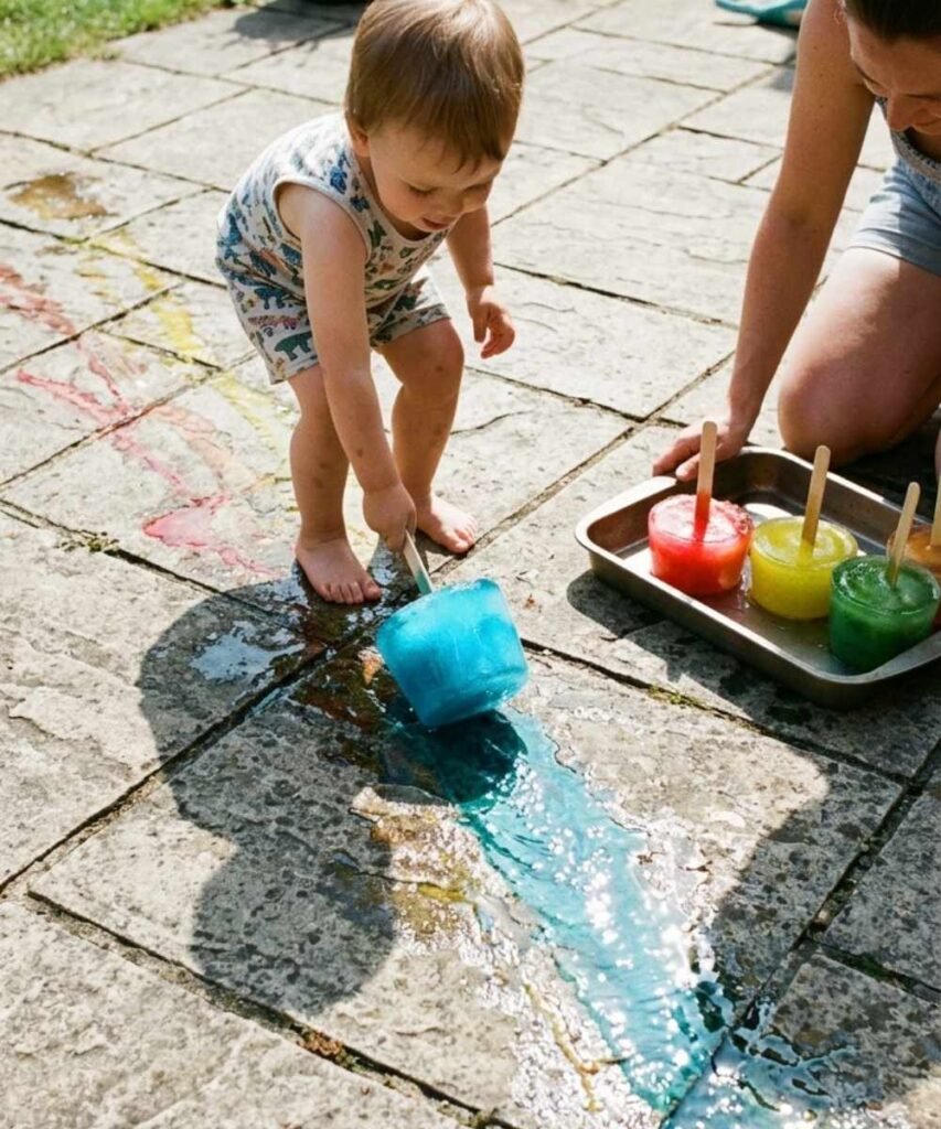 A toddler holding a colorful ice cube with a lolly stick handle, painting wet streaks on outdoor paving stones in a sunny garden.