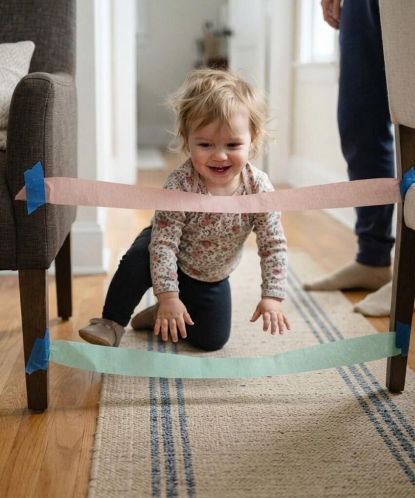 Young toddler smiling while crawling under a low paper streamer obstacle web stretched between chairs.