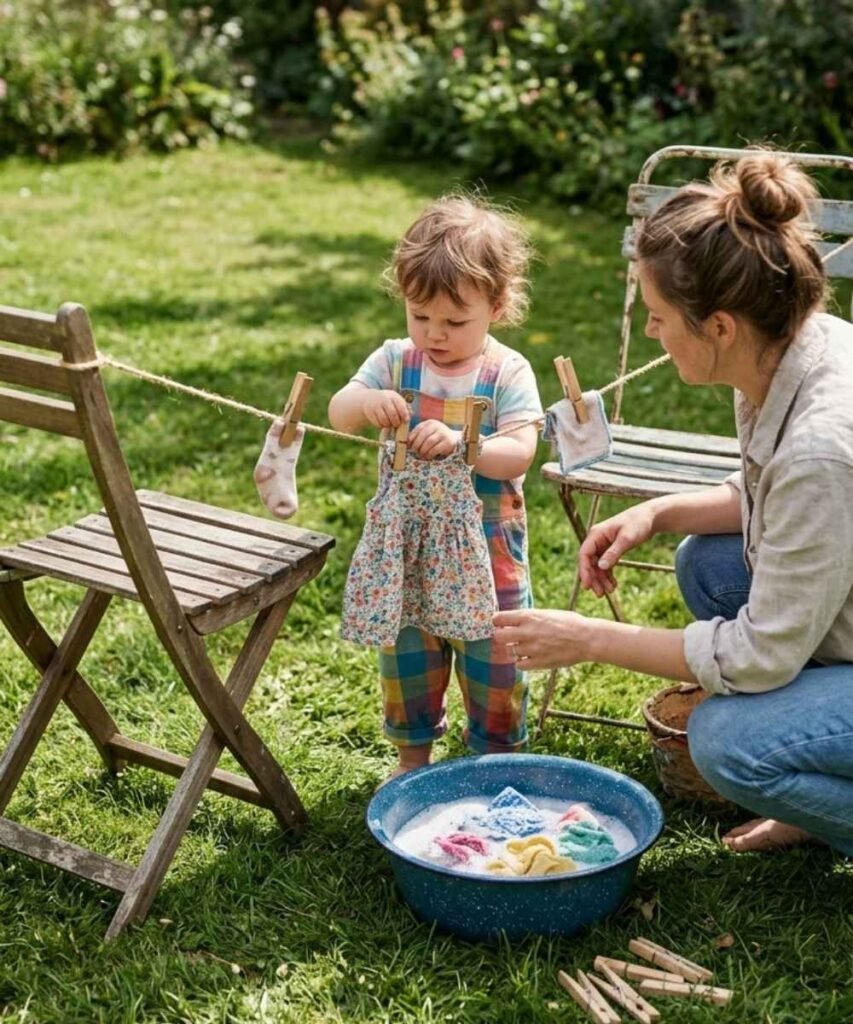 A toddler hanging doll clothes on a low washing line strung between two garden chairs.
