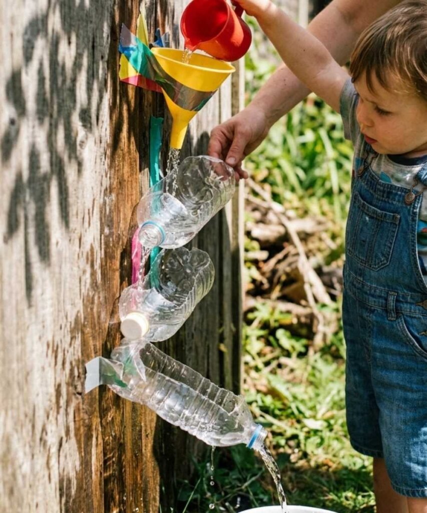 A toddler pouring water into a DIY water wall made from cut plastic bottles attached to a garden fence.