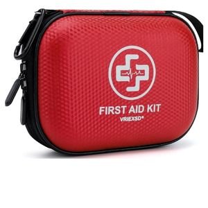 Compact red zippered travel first aid kit pouch for child safety during play activities.