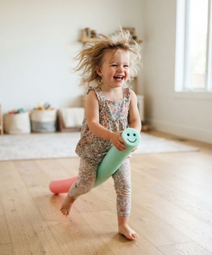 Young toddler happily galloping indoors while straddling a colorful pool noodle pretend horse.