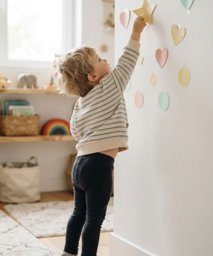 Young toddler standing on tiptoes and reaching up high to pull a paper star shape off the wall.
