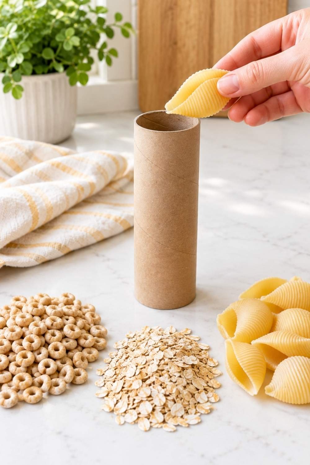 Cardboard toilet paper roll next to small sensory bin fillers being tested for choking hazards.