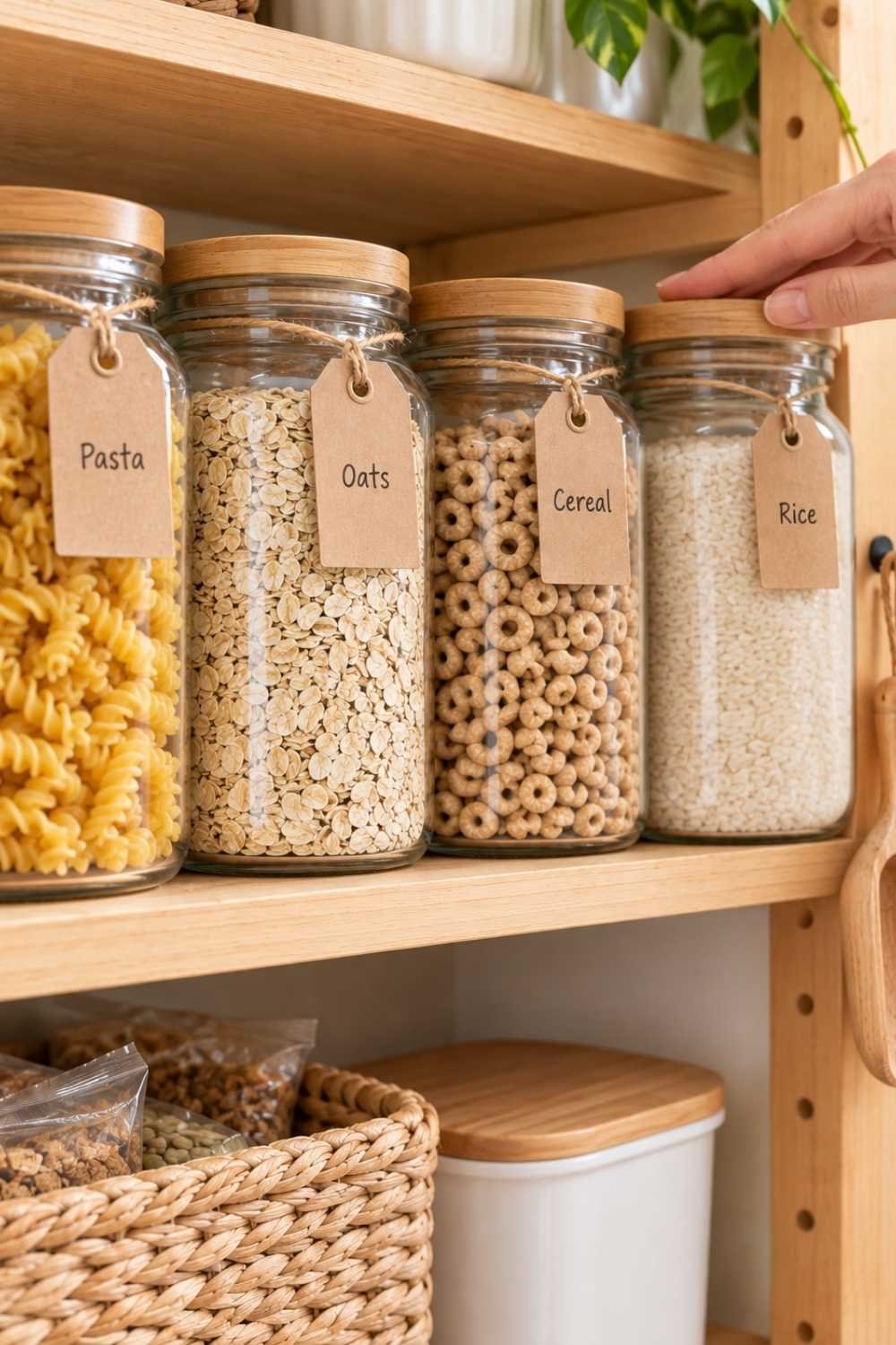 Clear glass jars filled with dry sensory bin fillers like pasta and grains neatly labeled on a shelf.