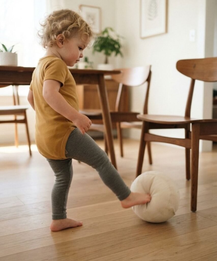 Toddler getting ready to kick a small ball between two dining chair legs in a living room
