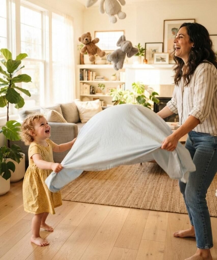 Young toddler and adult holding the corners of a white bedsheet indoors to bounce stuffed animals like a parachute.