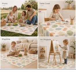 Grid collage showing toddlers playing on non-slip play mats and splash mats during sensory play activities.