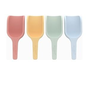 Four colorful silicon scoops in pink, yellow, green, and blue for sensory bin play.