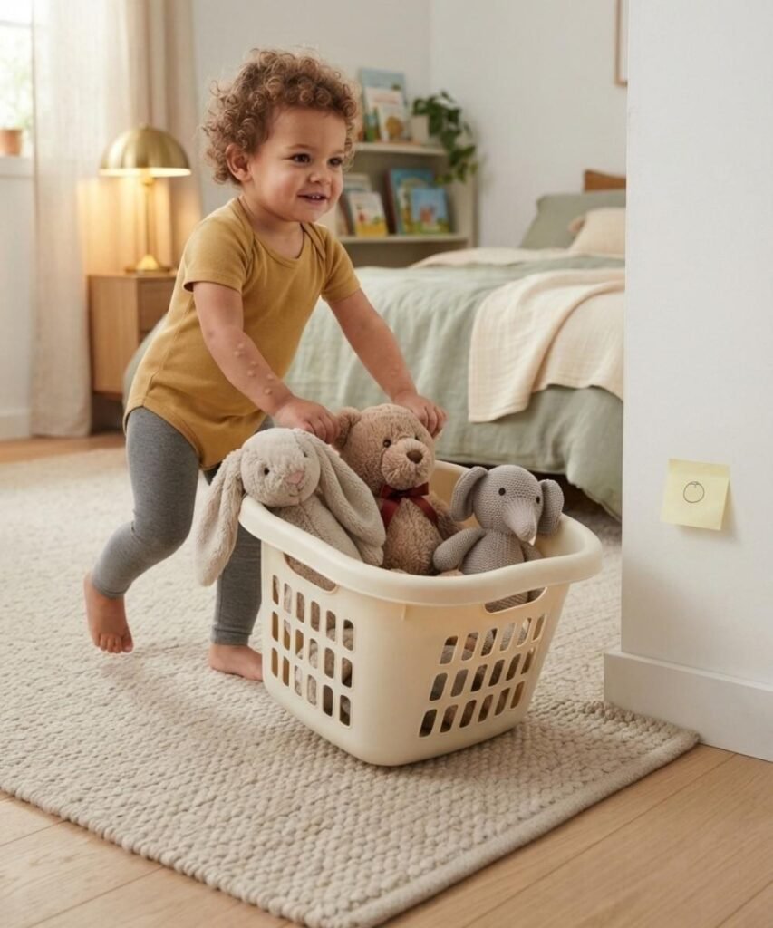 Toddler pushing a laundry basket filled with plush stuffed animals across a living room rug