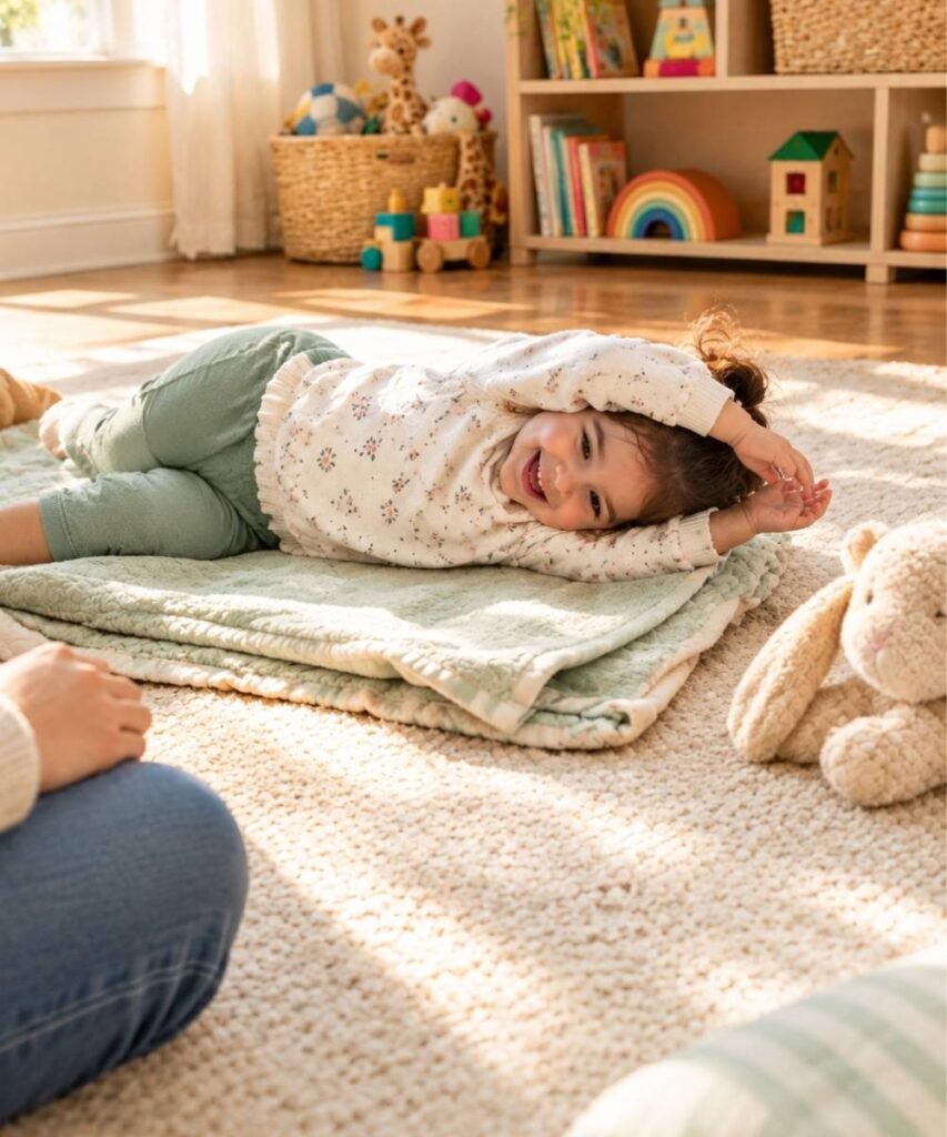 Toddler lying on a folded blanket on the floor and rolling like a log toward a stuffed animal