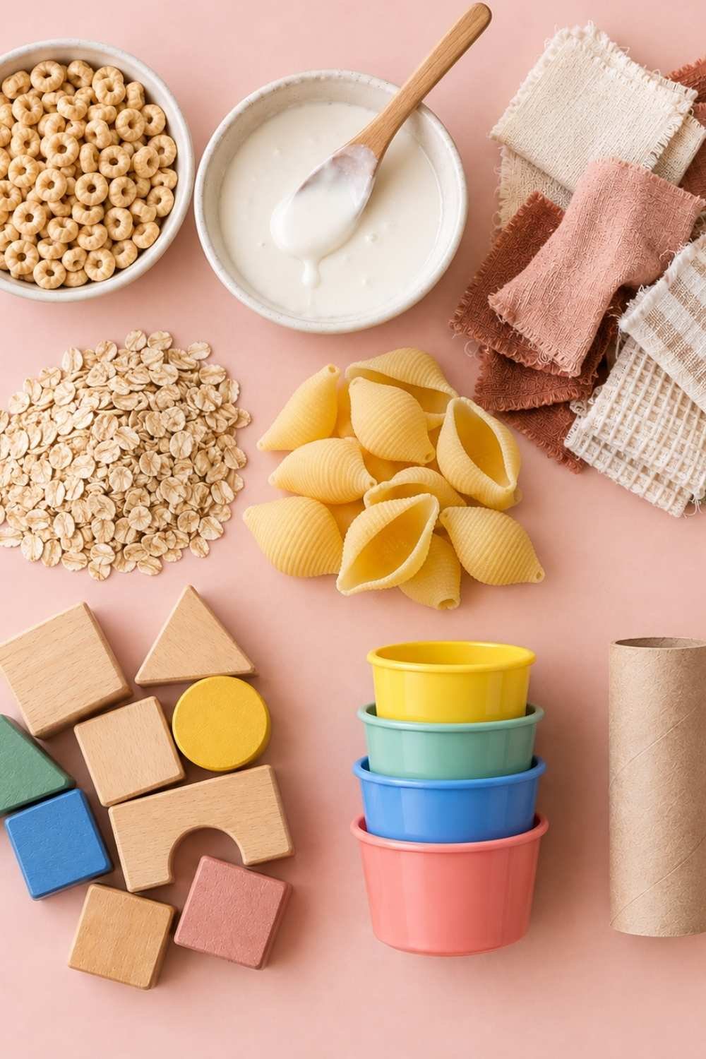 Flat lay view of dry pasta shapes, grains in small bowls, and colorful stacking cups for toddler sensory play.