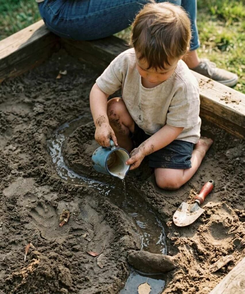 A toddler pouring water from a small jug into a winding channel dug in the sandpit in a sunny backyard.