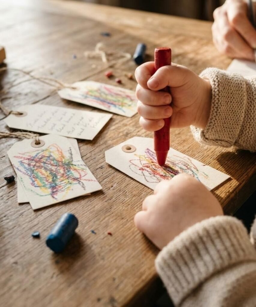 A toddler firmly gripping a chunky red crayon to scribble on a cardboard tag during a Christmas craft activity