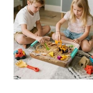 Two toddlers playing with a sensory bin filled with colorful toys on the floor.