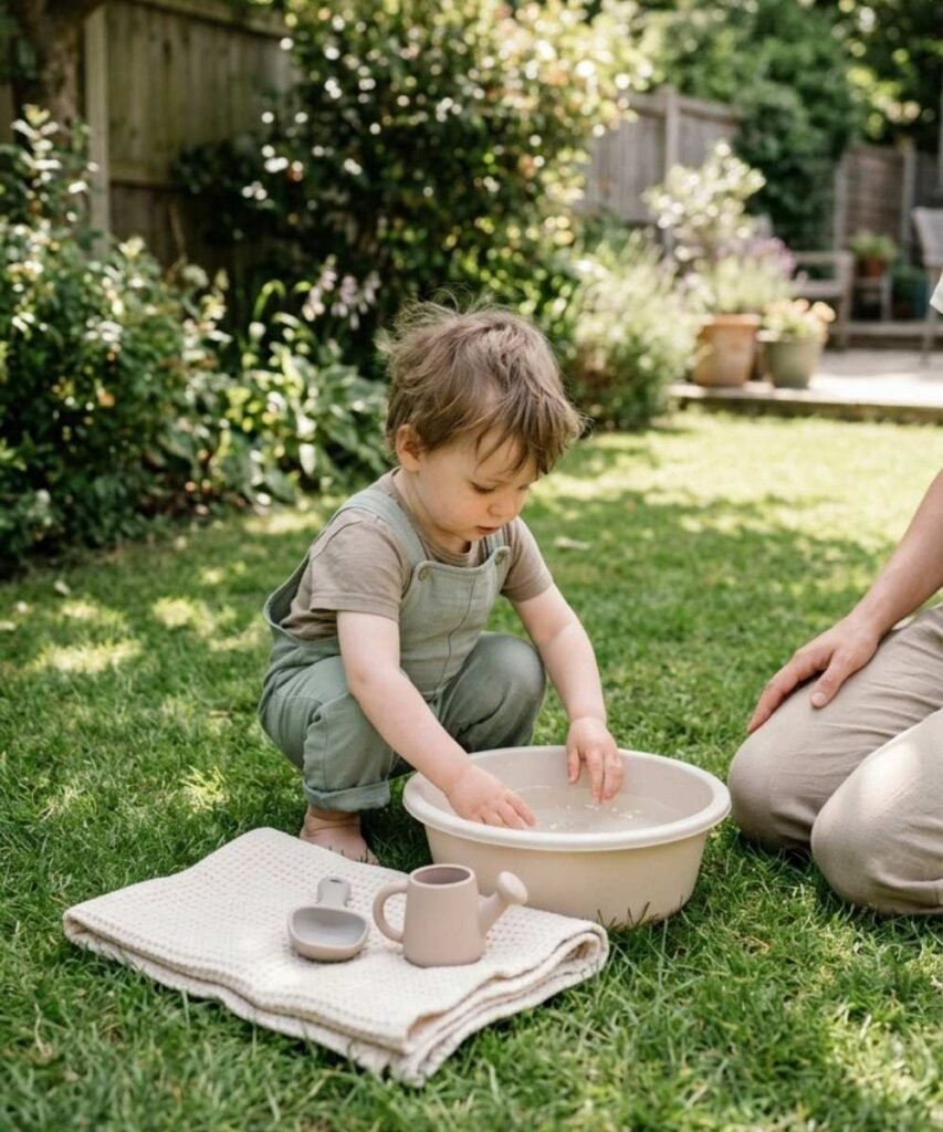 A toddler playing with water in a shallow tub on the grass in a sunny backyard.