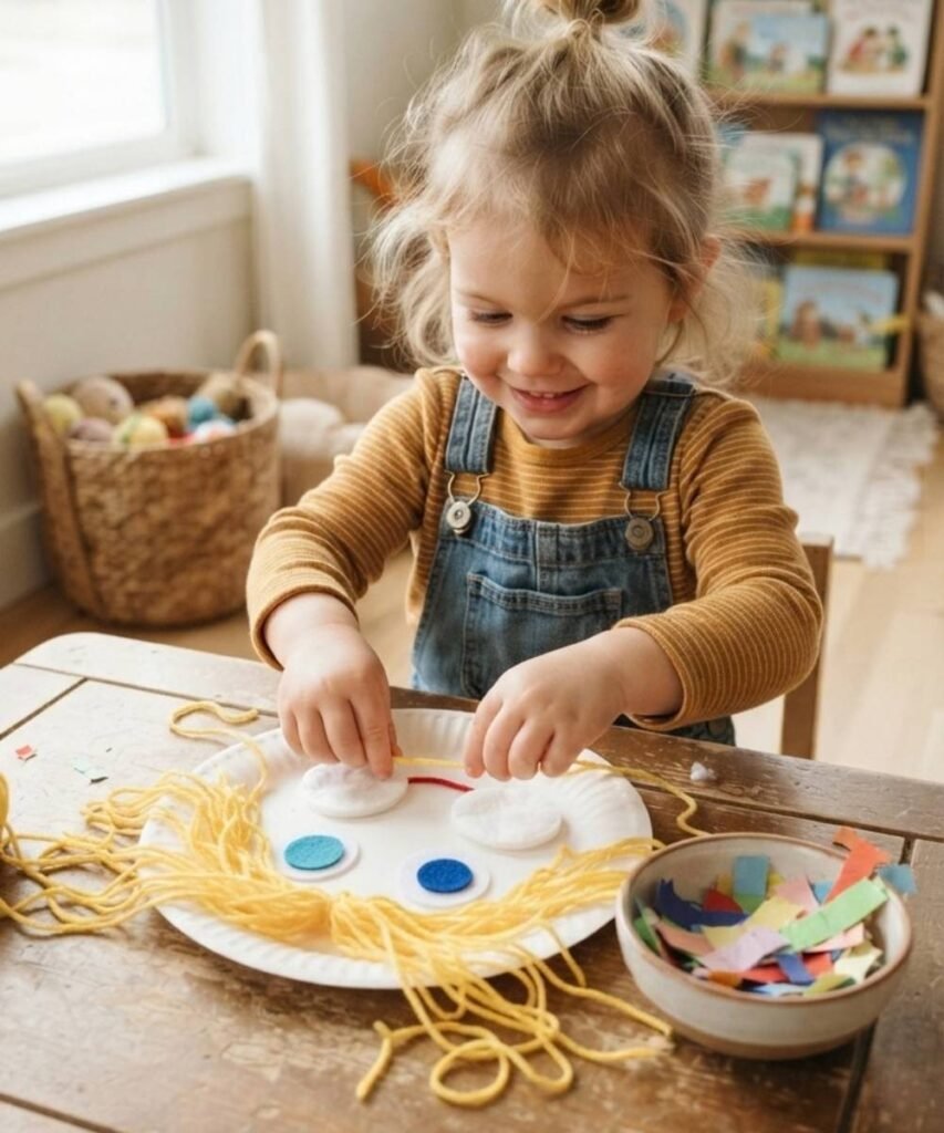 Toddler placing felt shapes and loose parts onto a paper plate to build a silly face