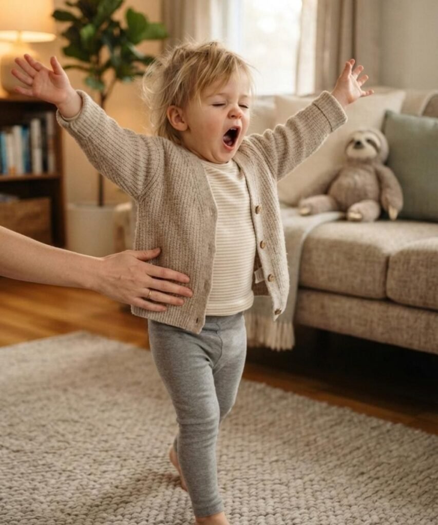 Young toddler walking in slow motion with arms raised high, pretending to be a sloth during a wind-down indoor activity.