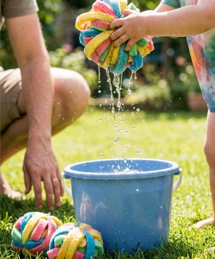 A toddler squeezing water from a sponge into a bucket outdoors on the grass.