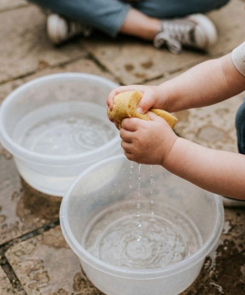 A toddler squeezing water from a sponge into a bucket outdoors on the grass.