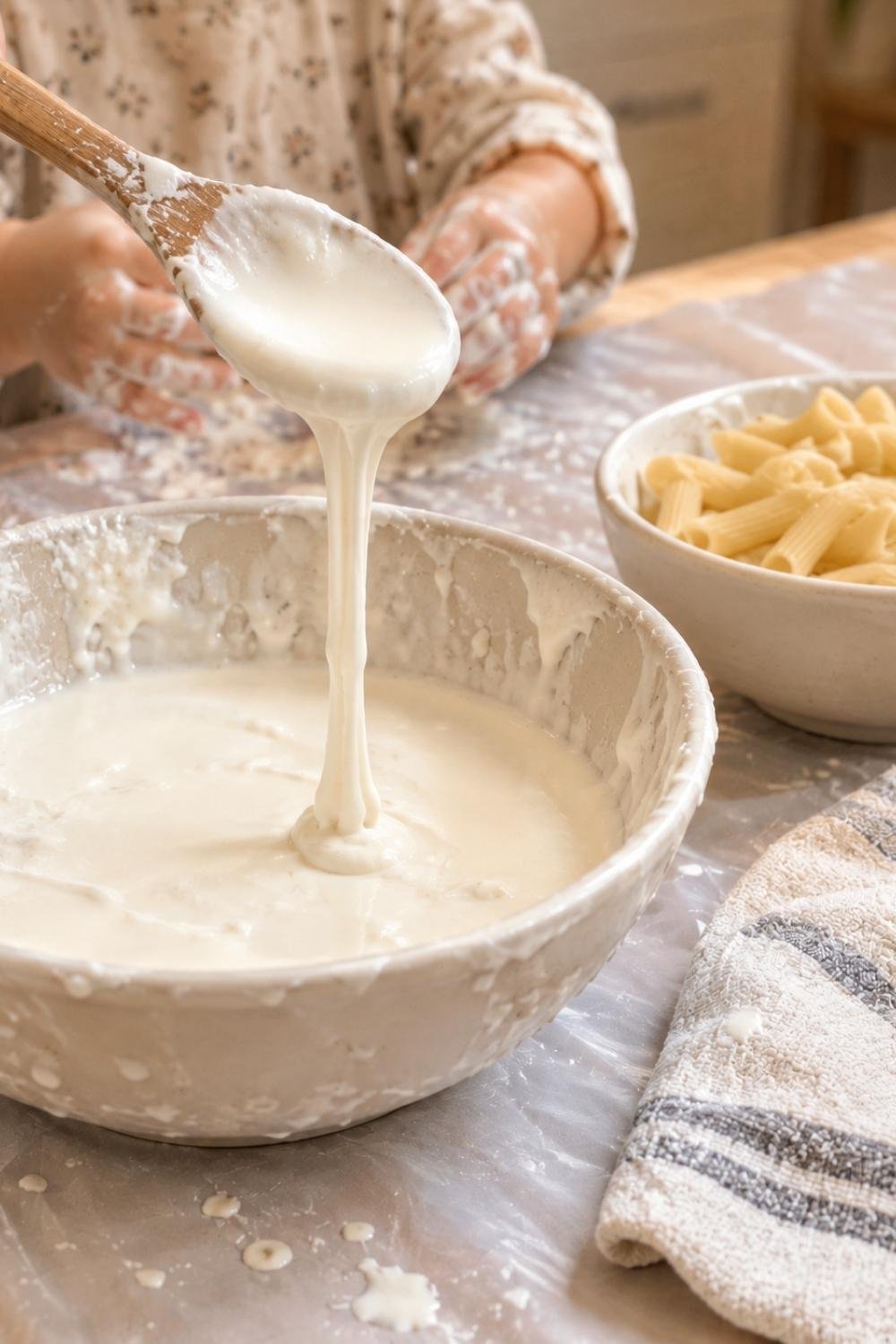 Liquid taste-safe filler being poured from a spoon into a bowl next to uncooked pasta.