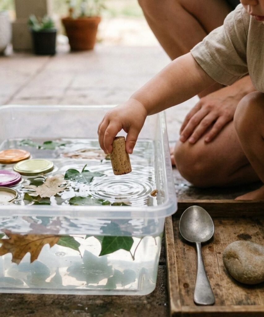 A toddler dropping small objects into a clear water tub on the grass to test what floats and what sinks.
