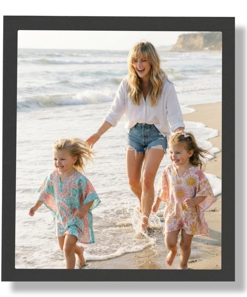 A mother walking hand-in-hand with her two young children on a sunny sandy beach near the ocean waves.
