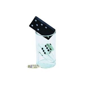 Black dominoes inside a transparent choking hazard tester tube to test small toy safety for toddlers.