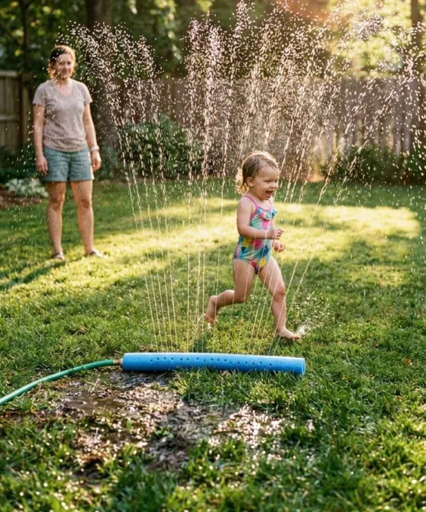 A toddler running and laughing through the gentle spray of a homemade pool noodle sprinkler on the lawn in a sunny backyard.