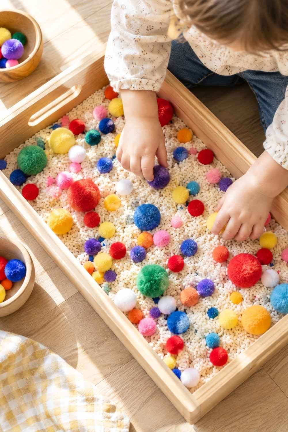 Overhead view of a toddler engaging in sensory play with bright colorful pom poms and wooden tools in a tray.